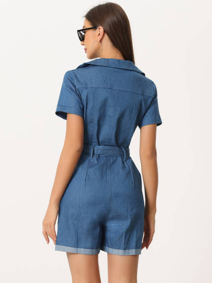 Allegra K - Chambray Zip Up Denim Shorts Romper