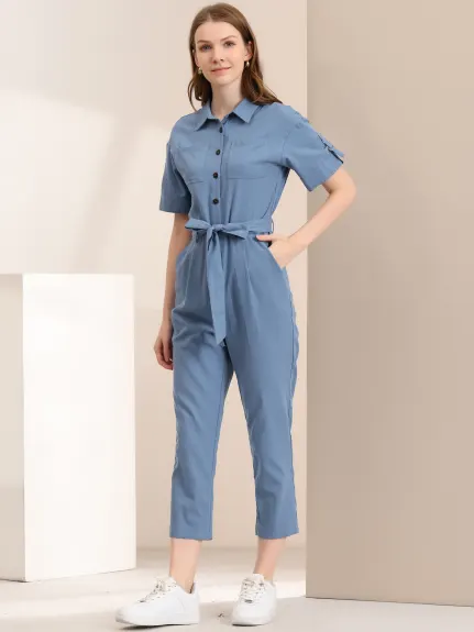 Allegra K- Turndown Collar Button up Tie Waist Cargo Jumpsuit