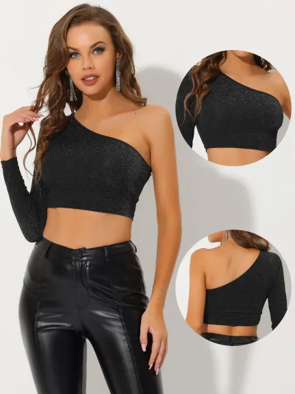 Allegra K- Glitter One Shoulder Long Sleeve Crop Top