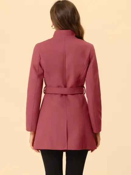 Allegra K- Classic Stand Collar Belted Long Coat