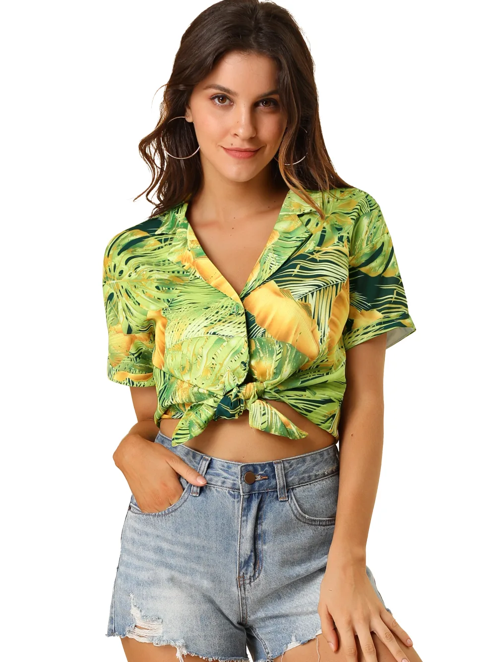 Allegra K- Beach Tropical Floral Leaves Button Down Shirt