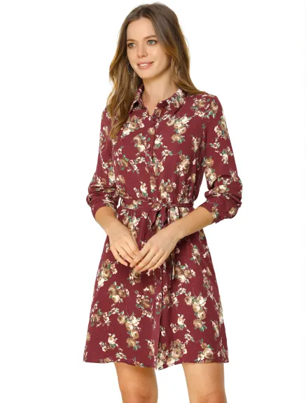 Allegra K- Lapel Button Down Belted Floral Shirt Dress