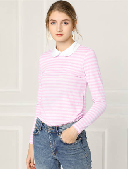 Allegra K- Contrast Collar Striped Blouse