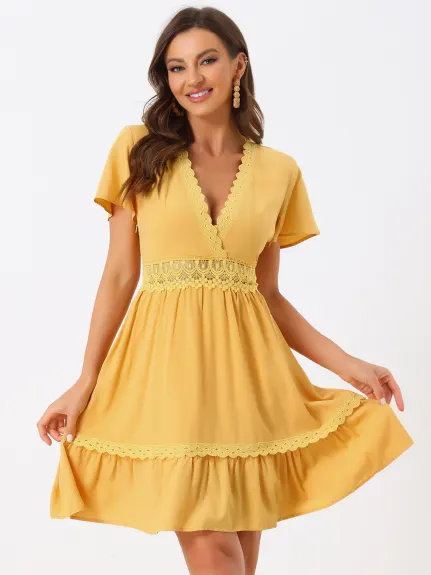 Allegra K- V-Neck Short Sleeves Crochet Trim Ruffle Hem Dress