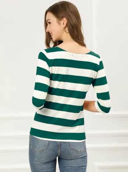 Allegra K- Boat Neck Elbow Sleeve Slim Fit Stripe T-Shirt