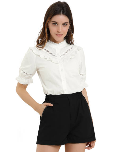 Allegra K - Button Down Cotton Ruffle Neck Shirt