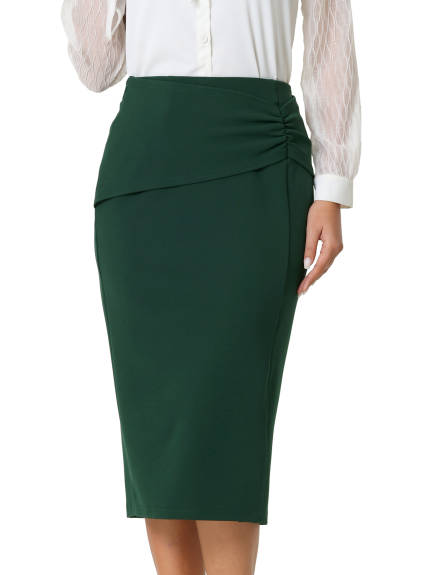 Hobemty- Ruched Slit Knee Length Pencil Skirt