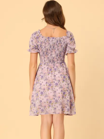 Allegra K- Floral Off Shoulder Short Sleeve Dress