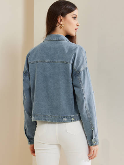 Allegra K - Veste en Jean Rétro Raccourcie à Boutons