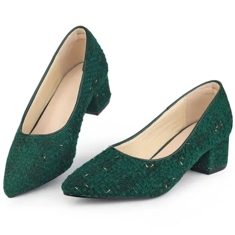 Allegra K - Pointy Toe Tweed Plaid Knitted Printing Block Heel Pump