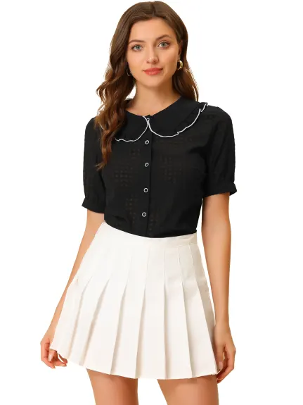 Allegra K - Peter Pan Collar Contrast Trim Gingham Shirt