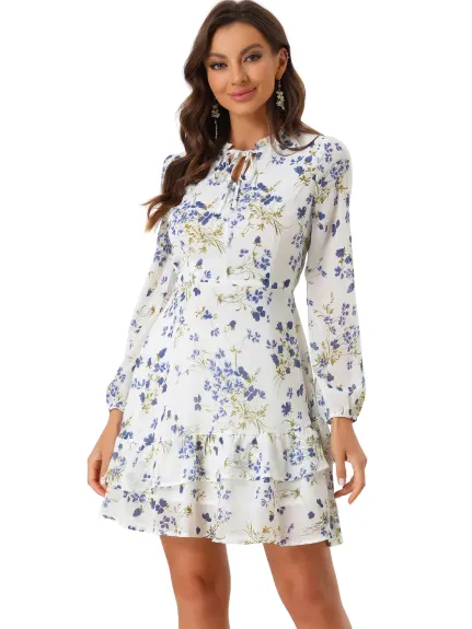 Allegra K- Floral Tie Neck Tiered Mini Chiffon Dress