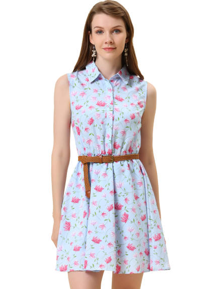 Allegra K- Printed Half Placket Sleeveless Belted Dress