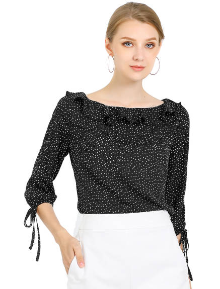 Allegra K- Ruffled Neck Half Sleeve Sheer Polka Dots Blouse