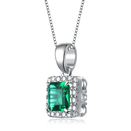 Genevive Sterling Silver with Colored Cubic Zirconia Asscher Cut Square Framed Drop Pendant Necklace