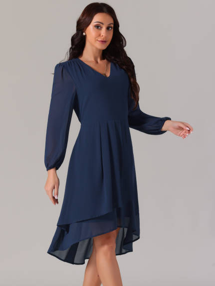 Allegra K - V Neck Lantern Sleeve Pleated Midi Dress