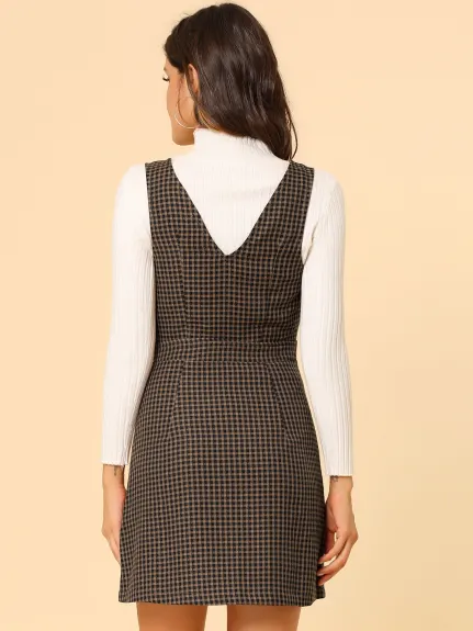 Allegra K- Overalls V-Neck Plaid Houndstooth Pinafore Dress