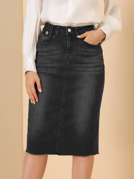 Allegra K- High Waist Back Slit Stretch Denim Skirt