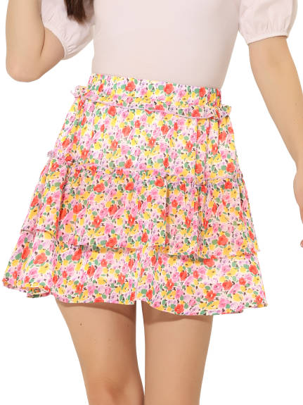 Allegra K- Layered Ruffle Elastic Waist Floral Mini Skirt