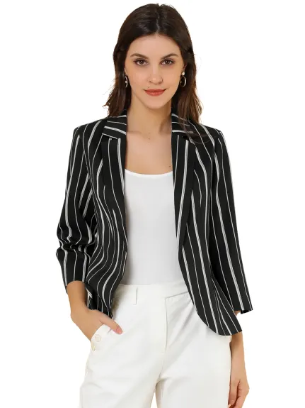 Allegra K- Striped 3/4 Sleeves Open Front Notched Lapel Blazer