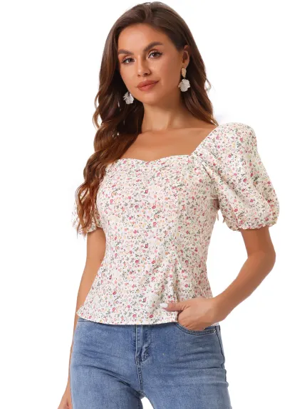 Allegra K- Puff Sleeve Sweetheart Neck Smocked Floral Top