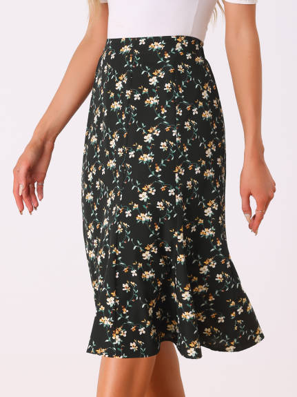 Allegra K- Elastic Waist A-Line Midi Leave Print Skirt