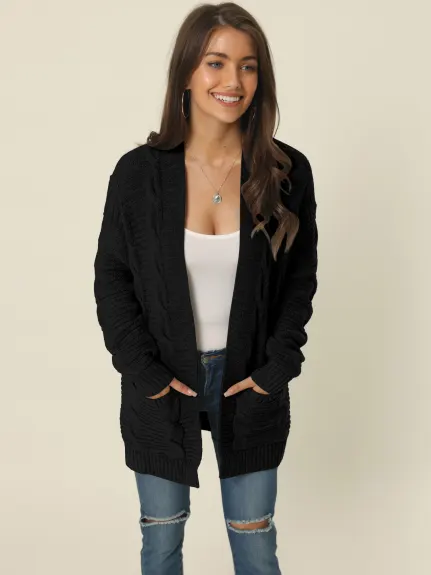 Allegra K- Cardigan pull ouvert sur le devant en tricot torsadé avec poches