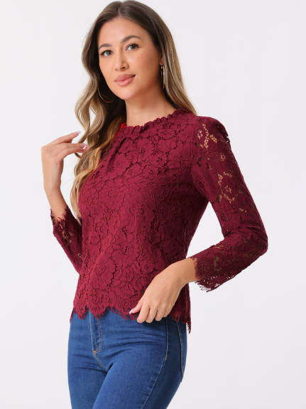 Allegra K- Ruffle Round Neck Long Sleeve Lace Floral Blouse