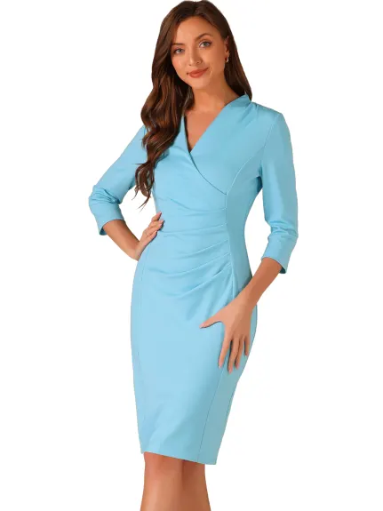 Allegra K - 3/4 Sleeve Ruched Wrap Pencil Dress