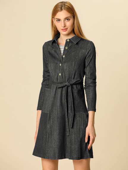 Allegra K- Half Placket Long Sleeve Belted Shirt Dress