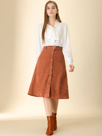 Allegra K - Button Front A-Line Belted Corduroy Skirt