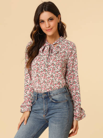 Allegra K- Floral Tie Neck Chiffon Ruffle Blouse