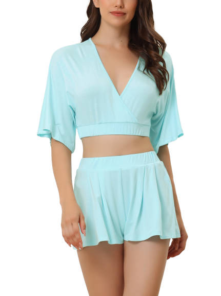 cheibear - V Neck Crop Shirt Shorts Lounge Set