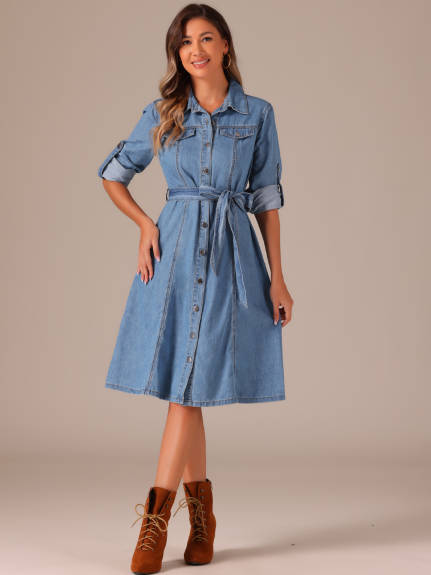 Allegra K - Long Sleeve Button Down Belted Denim Dress