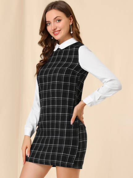 Allegra K- Peter Pan Collar Long Sleeve Check Shift Dress