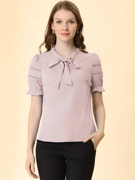 Allegra K- Ruffle Cuff Short Sleeve Bow Tie Collar Top