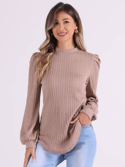 Allegra K- Long Puff Sleeve Mock Neck Tunic Top