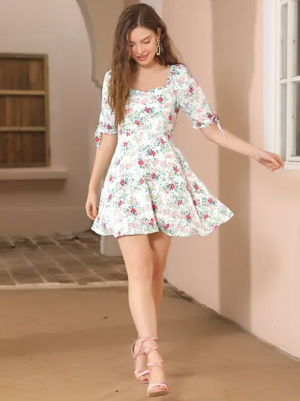 Allegra K- Floral Sweetheart Neck Flare A-Line Mini Dress