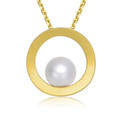 Genevive Sterling Silver 14k Gold Plated with Genuine Freshwater Round Pearl Circular Pendant Necklace