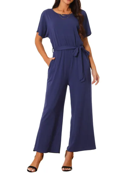 Allegra K - Crewneck Short Sleeve Belted Casual Jumpsuit