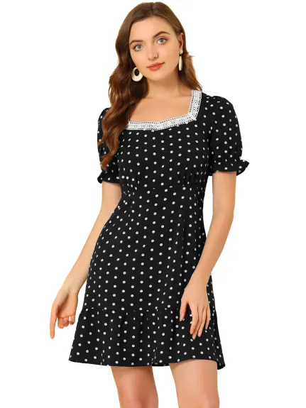 Allegra K- Sweetheart Neck Ruffled Hem Puff Short Sleeve Polka Dots Dress