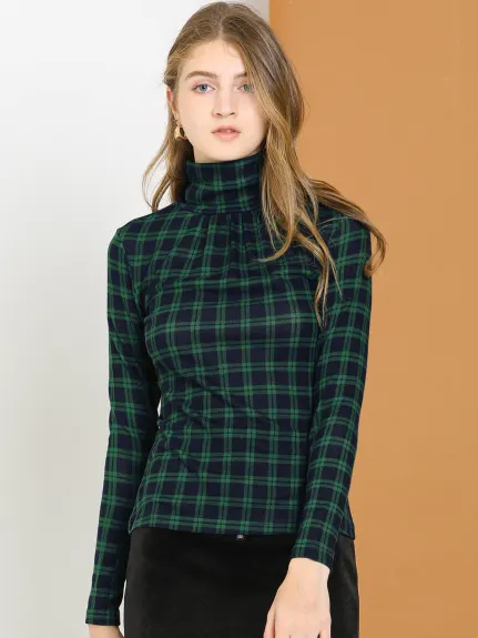 Allegra K- Turtleneck Long Sleeve Slim Plaid Shirt Blouse