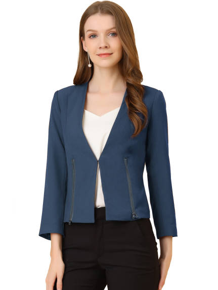 Allegra K- Open Front Zipper Collarless Cropped Blazer