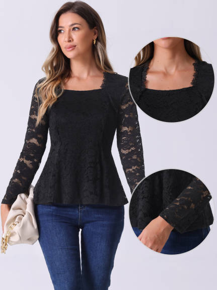 Allegra K - Square Neck Long Sleeve Lace Peplum Top