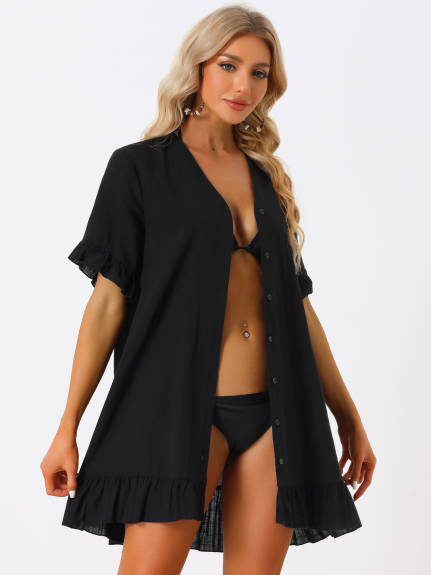 Allegra K- Swimwear Beach Button Down Shirtdress Ruffle Hem Cover Ups