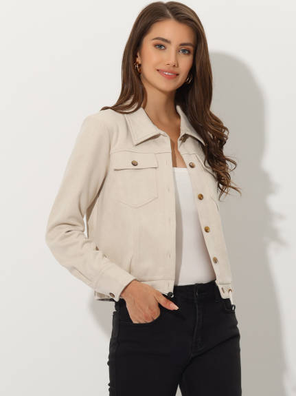 Allegra K- Faux Suede Point Collar Button Up Biker Moto Jacket