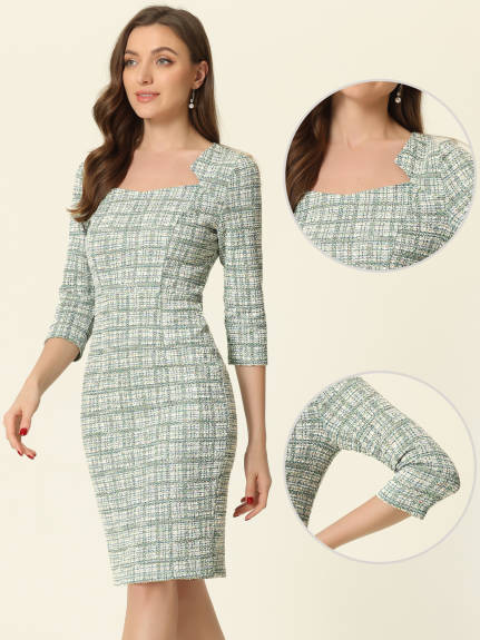 Allegra K- 3/4 Sleeve Plaid Tweed Bodycon Dress