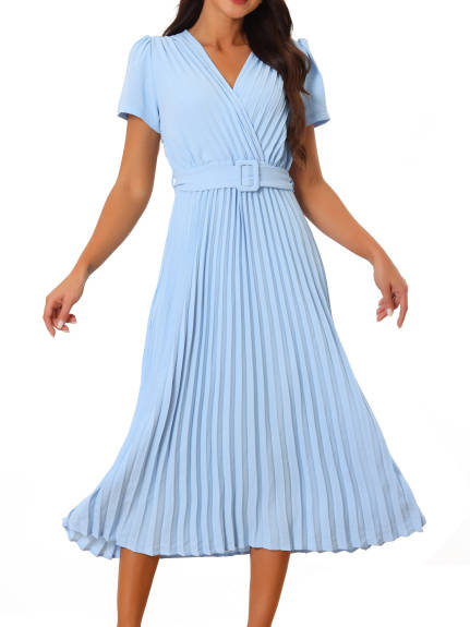 Allegra K- Short Sleeve V Neck Pleated Midi Dress