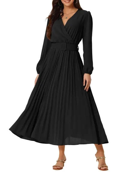 Allegra K- Pleated Puff Long Sleeve V Neck Belt Waist Midi Dress