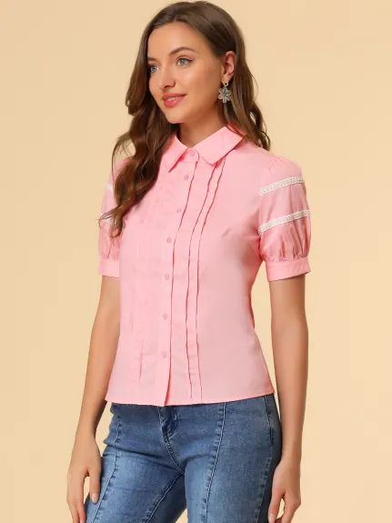 Allegra K - Button Up Shirt Pleated Puff Sleeve Blouse
